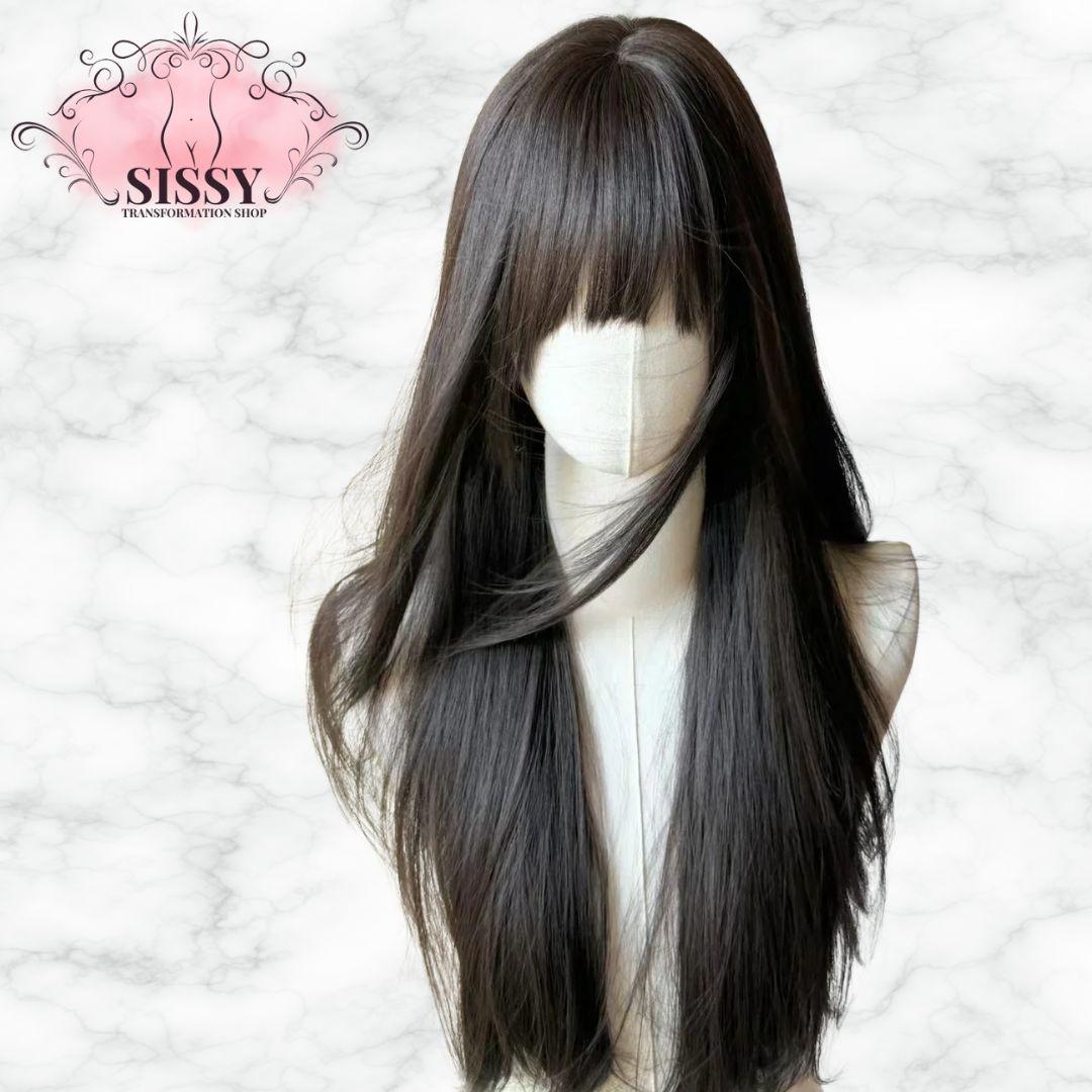 Perruque Sissy Noire – Style Lolita Japonaise avec Frange & Sideburns