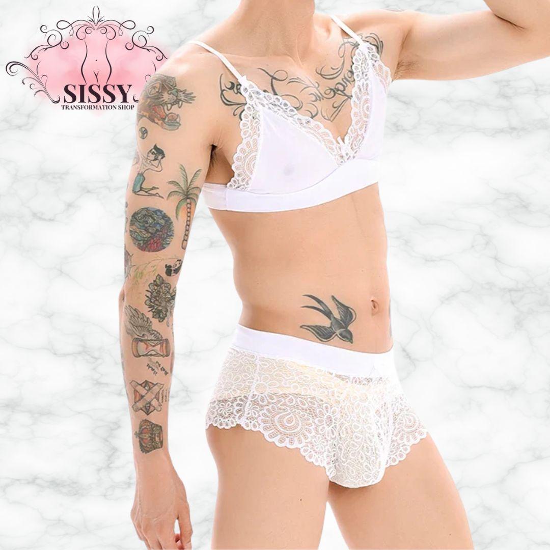 Men's Bra Sexy Underwear Set Men Safety Belt Body Lace Sheer Panties Sissy Clothing Gay Exposure Bikini Lingerie