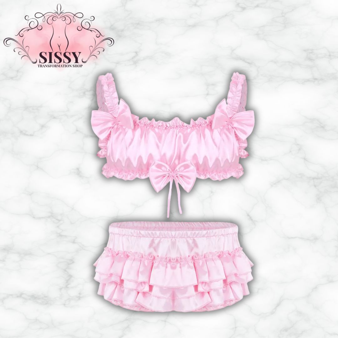Men Sissy Satin Lingerie Set Ruffled Frilly Straps Wire-free Bra Top With Bloomer Tiered Skirted Panties Male Sexy Underwear