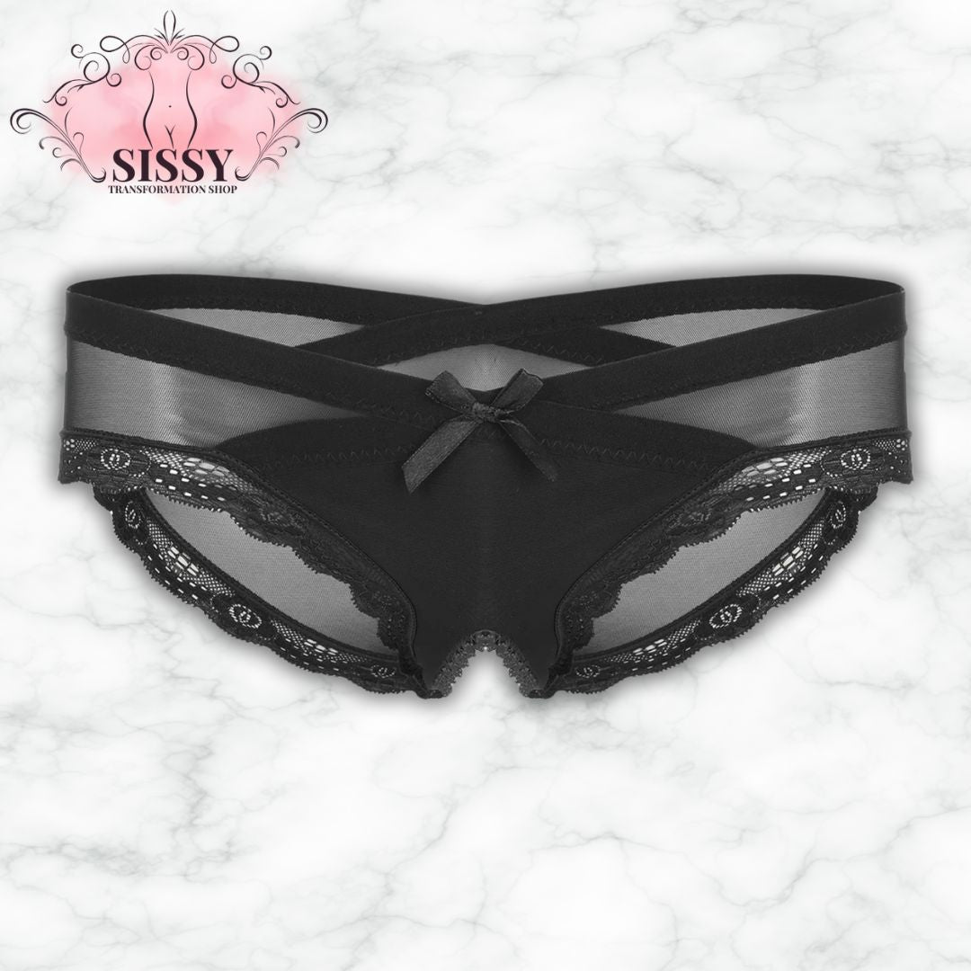 Sexy See Through Men's Lace Sissy Hollow Out Pouch Panties Sheer Panties Low Rise Bikini Briefs Cross-Dresser Sissy Underwear