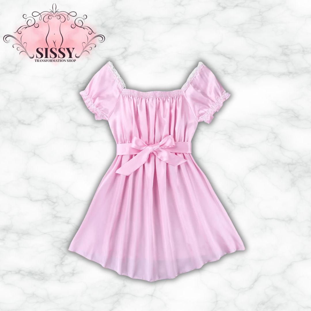 Mens Sissy Lingerie Dress Set Nightwear Short Sleeve Square Neckline Shiny Soft Satin High Low Design Crossdress Sash Underwear