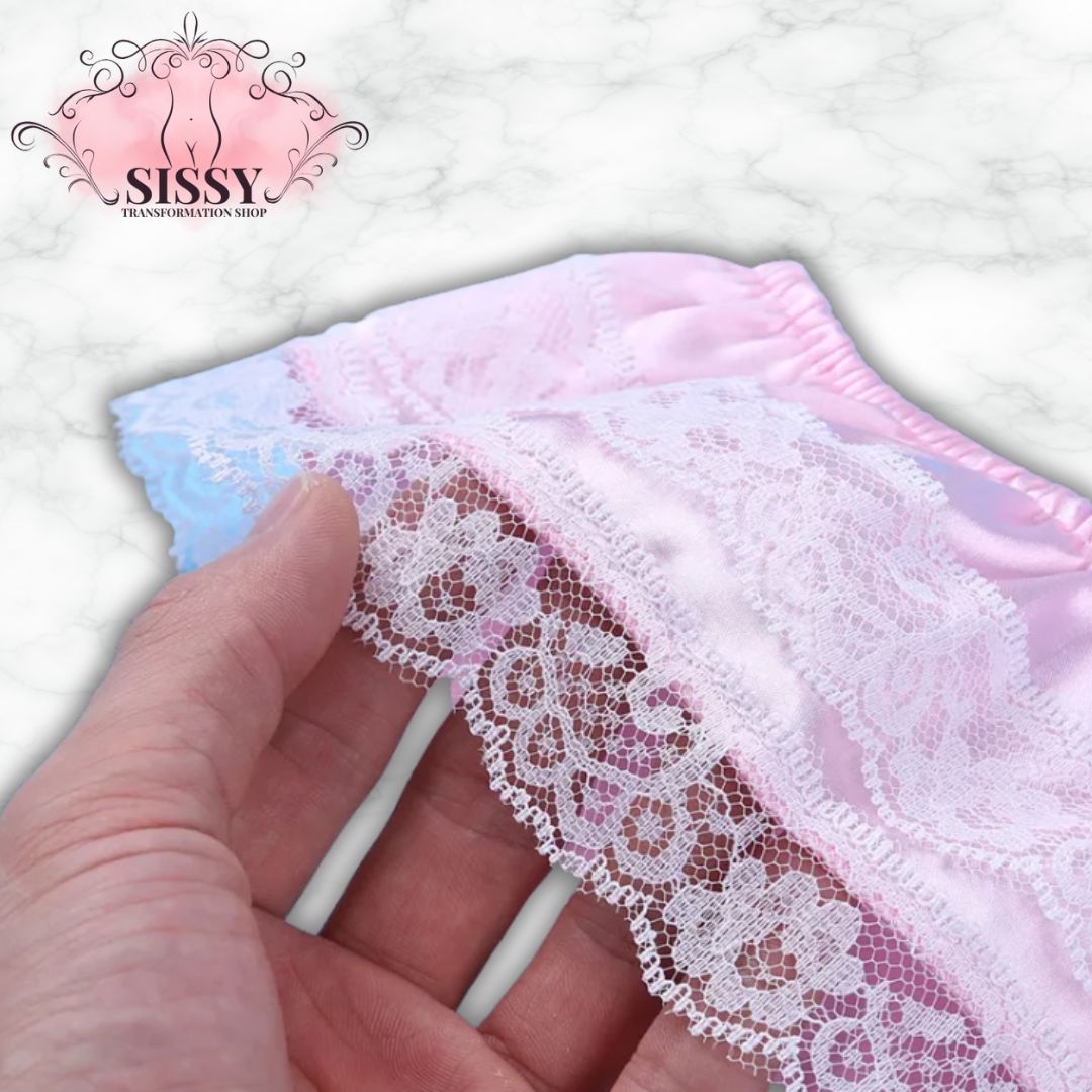 Mens Shiny Satin Lingerie Double Layers Floral Lace Briefs Underwear Back with Big Bowknot Low Rise Panties Bikini Thong