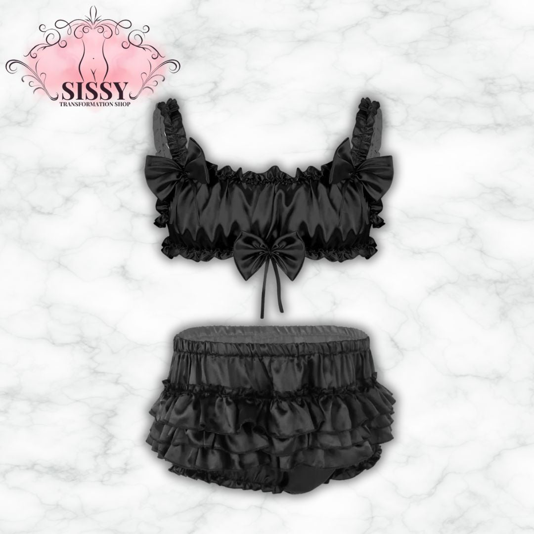 Men Sissy Satin Lingerie Set Ruffled Frilly Straps Wire-free Bra Top With Bloomer Tiered Skirted Panties Male Sexy Underwear
