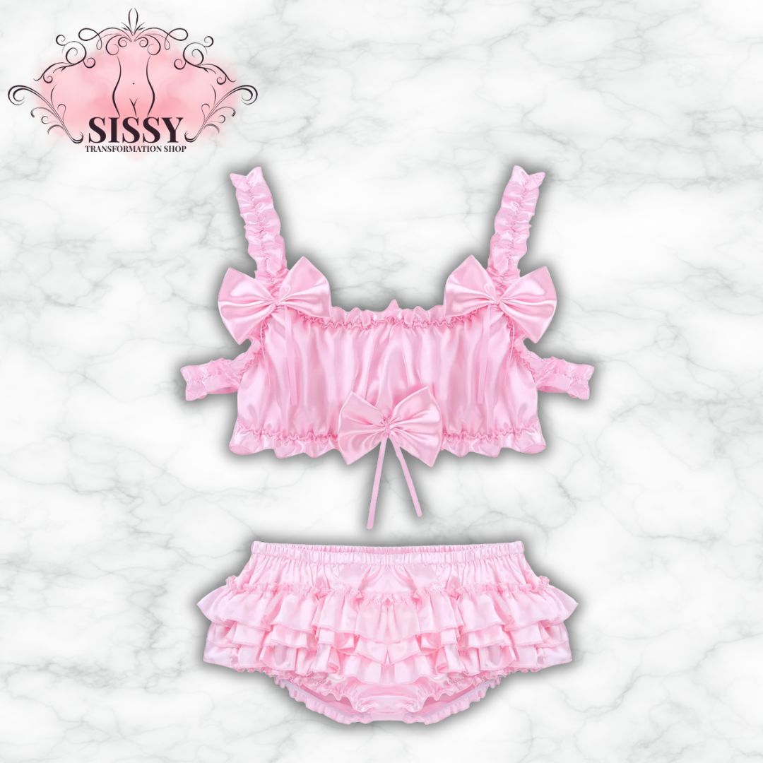 Men Sissy Satin Lingerie Set Ruffled Frilly Straps Wire-free Bra Top With Bloomer Tiered Skirted Panties Male Sexy Underwear
