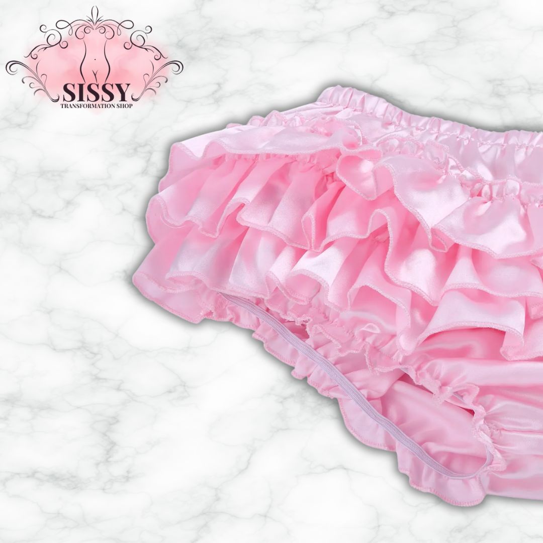 Men Sissy Satin Lingerie Set Ruffled Frilly Straps Wire-free Bra Top With Bloomer Tiered Skirted Panties Male Sexy Underwear