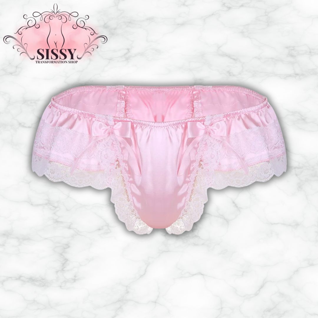 Mens Shiny Satin Lingerie Double Layers Floral Lace Briefs Underwear Back with Big Bowknot Low Rise Panties Bikini Thong