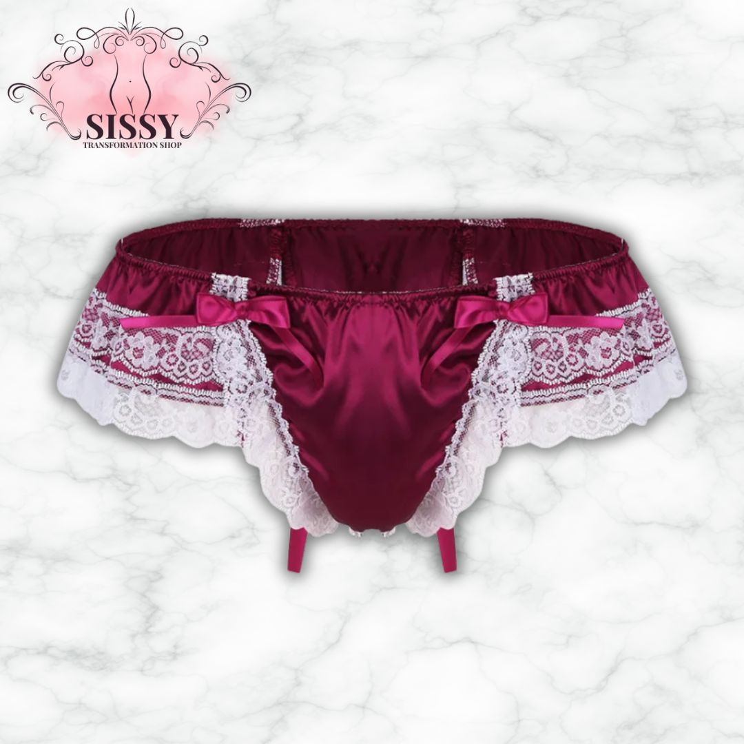Mens Shiny Satin Lingerie Double Layers Floral Lace Briefs Underwear Back with Big Bowknot Low Rise Panties Bikini Thong