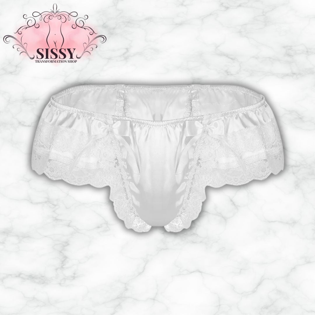 Mens Shiny Satin Lingerie Double Layers Floral Lace Briefs Underwear Back with Big Bowknot Low Rise Panties Bikini Thong