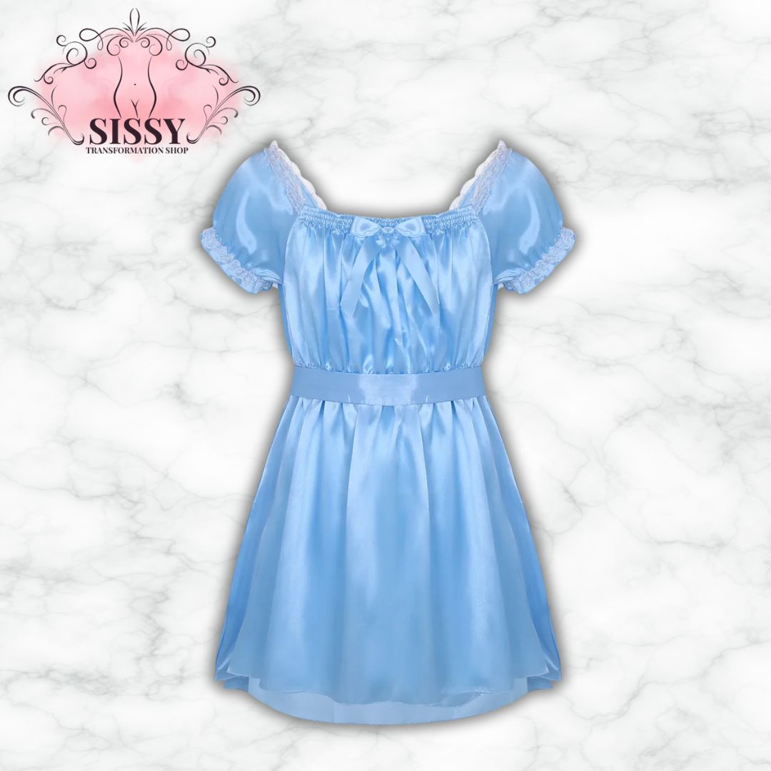Mens Sissy Lingerie Dress Set Nightwear Short Sleeve Square Neckline Shiny Soft Satin High Low Design Crossdress Sash Underwear
