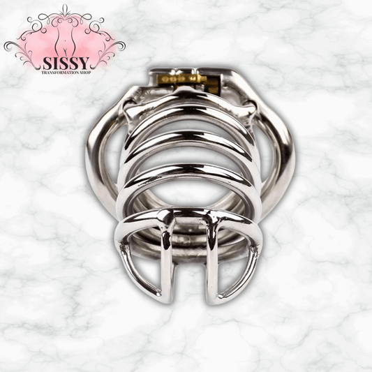 Cage de chasteté en acier inoxydable brillante avec design ouvert et serrure en laiton