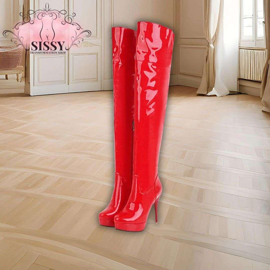 Cuissardes à Talon Sissy rouges en cuir verni brillant avec talons aiguilles hauts
