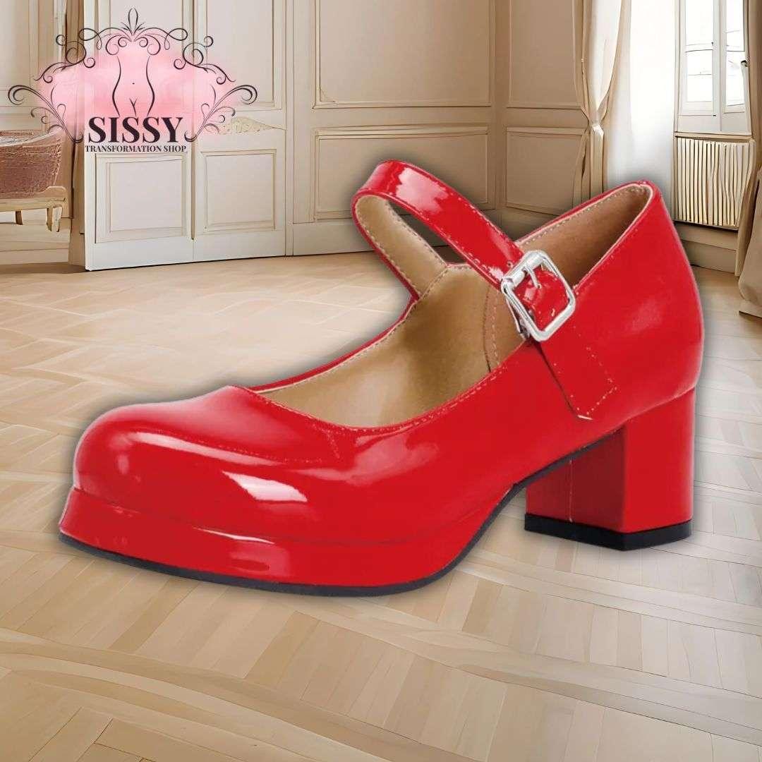 Mary Janes à Talon rouges en cuir verni avec bride réglable et talon carré moyen