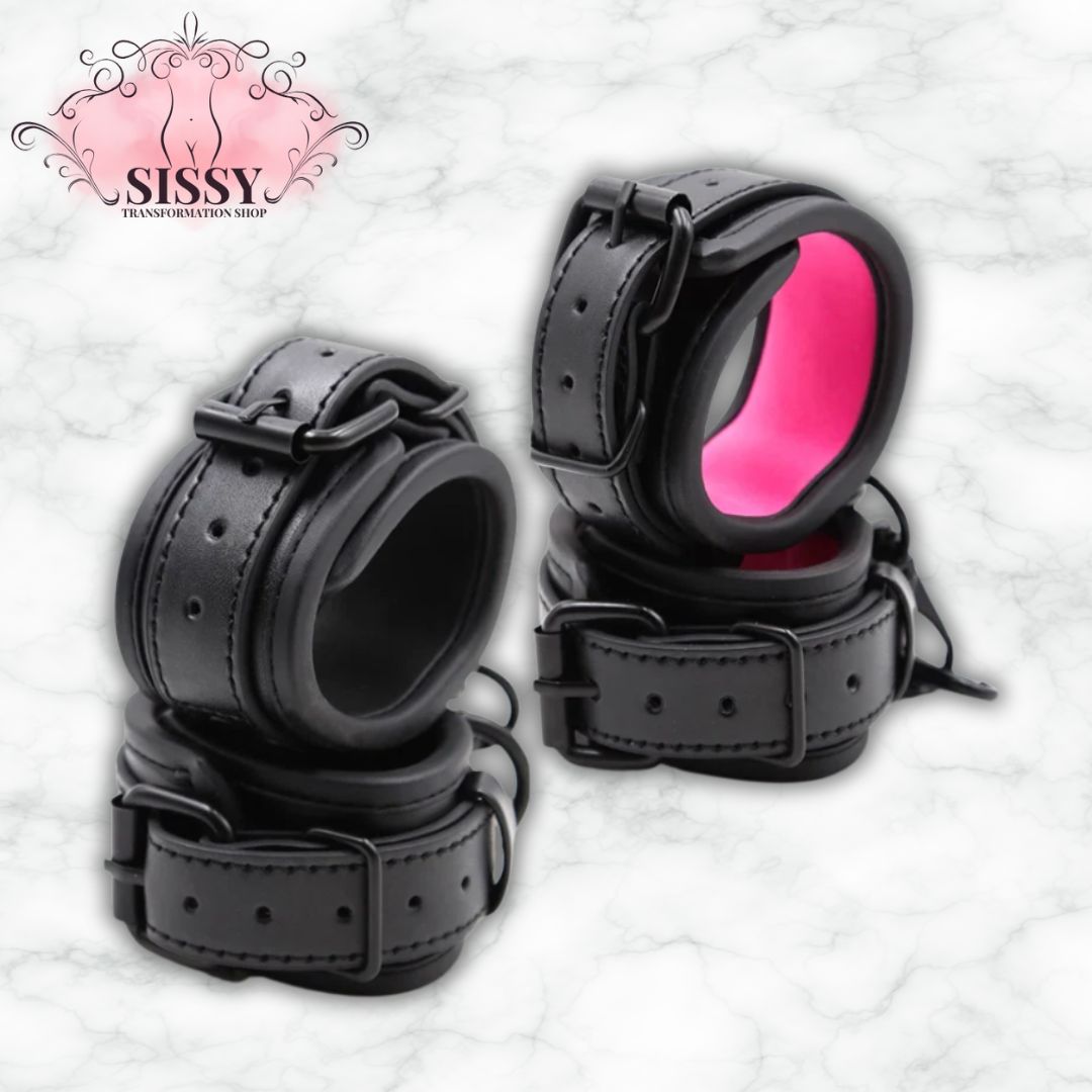 Menottes en cuir PU ajustables noires avec intΓ©rieur rose pour accessoire de bondage