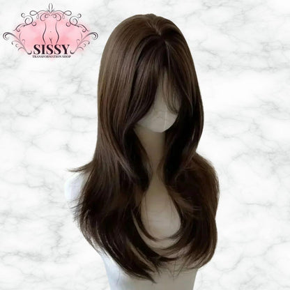 Perruque Sissy marron longue ondulée avec frange