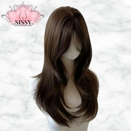 Perruque Sissy marron longue ondulée avec frange
