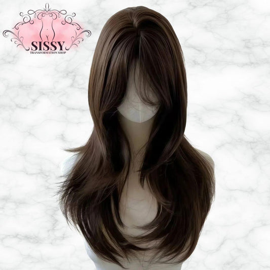 Perruque Sissy marron longue ondulée avec frange