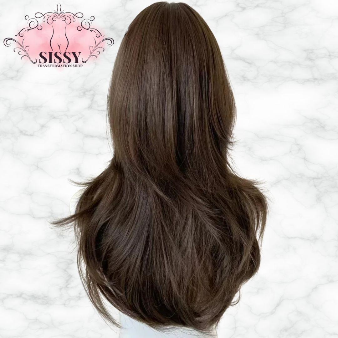 Perruque Sissy marron longue ondulée avec frange