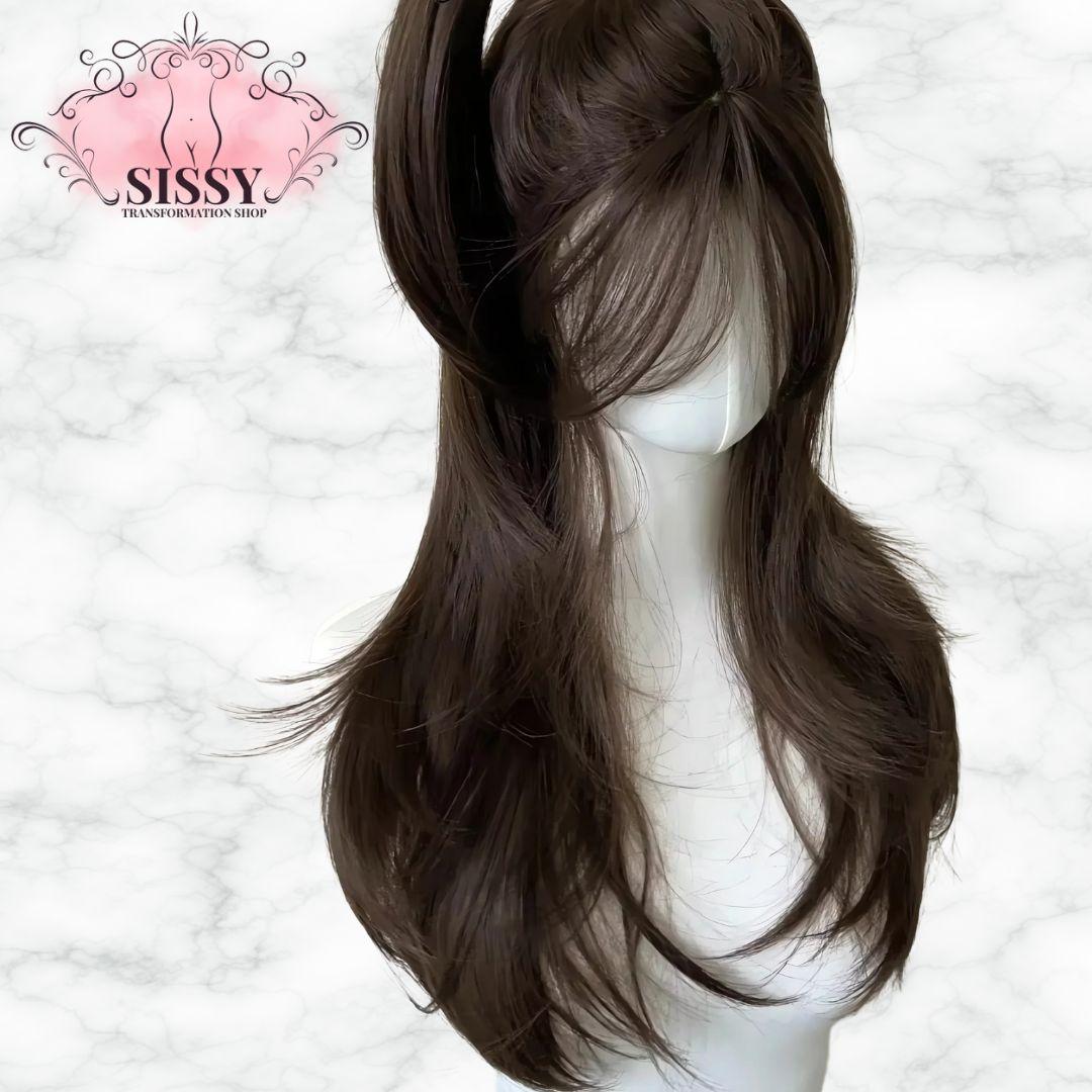 Perruque Sissy marron longue ondulée avec frange