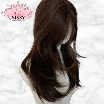 Perruque Sissy marron longue ondulée avec frange