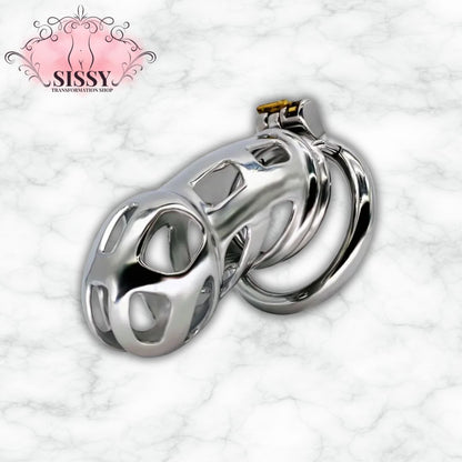 Cage de chasteté Sissy en acier avec design aéré et anneau verrouillable argenté