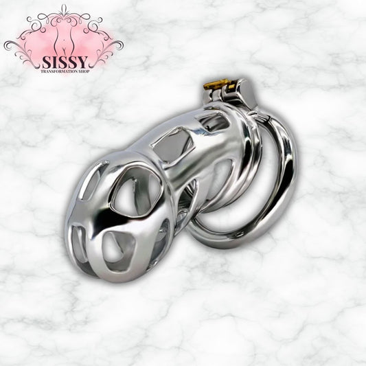 Cage de chasteté Sissy en acier avec design aéré et anneau verrouillable argenté