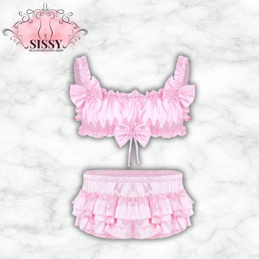 Men Sissy Satin Lingerie Set Ruffled Frilly Straps Wire-free Bra Top With Bloomer Tiered Skirted Panties Male Sexy Underwear