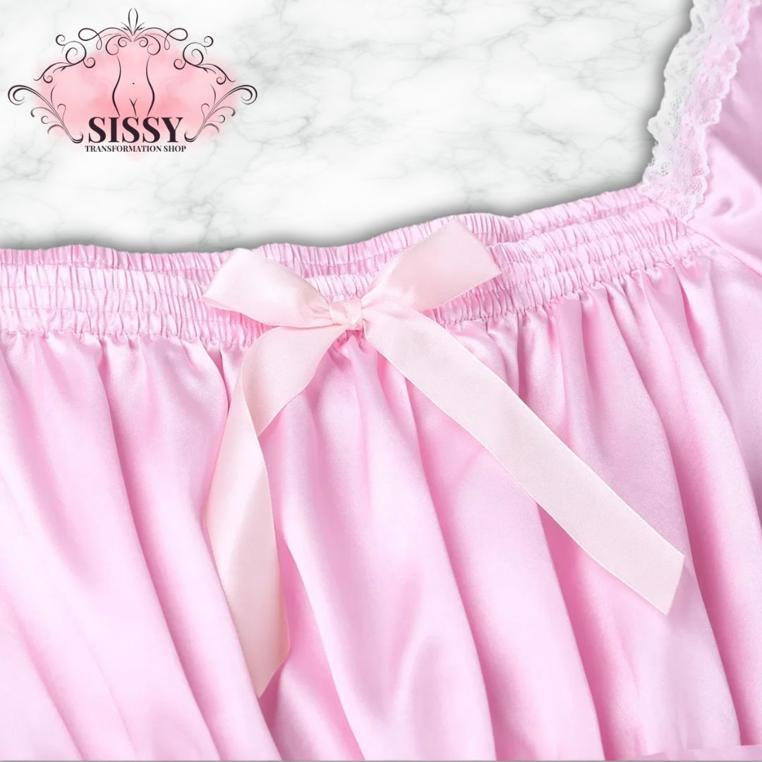 Mens Sissy Lingerie Dress Set Nightwear Short Sleeve Square Neckline Shiny Soft Satin High Low Design Crossdress Sash Underwear