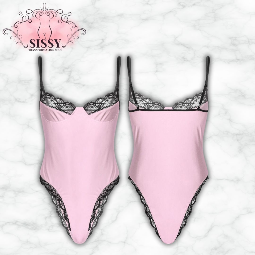 Mens Sexy Bodycon Bodysuit Spaghetti Strap Satin Lace Trimming One Piece Hommes Sissy Lingerie Male Gay Jockstraps One-piece