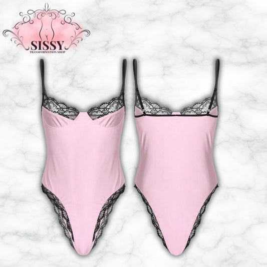 Mens Sexy Bodycon Bodysuit Spaghetti Strap Satin Lace Trimming One Piece Hommes Sissy Lingerie Male Gay Jockstraps One-piece