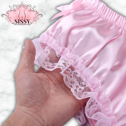 Mens Sissy Lingerie Briefs 2021 Ruffled Floral Lace Bowknot Knickers Underwear Gay Erotic Shiny Soft Satin Underpants Panties