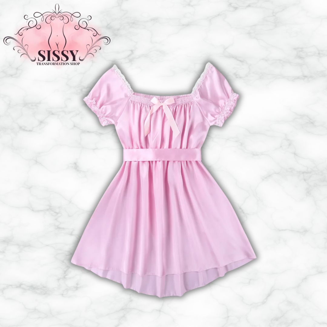 Mens Sissy Lingerie Dress Set Nightwear Short Sleeve Square Neckline Shiny Soft Satin High Low Design Crossdress Sash Underwear