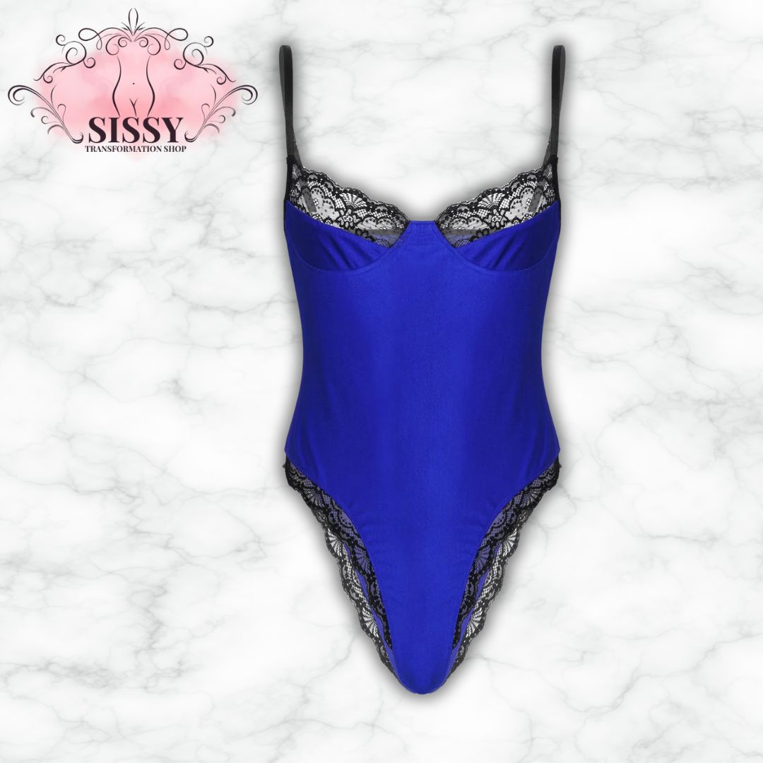 Mens Sexy Bodycon Bodysuit Spaghetti Strap Satin Lace Trimming One Piece Hommes Sissy Lingerie Male Gay Jockstraps One-piece