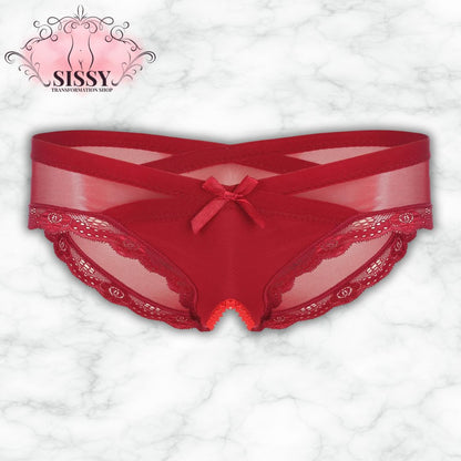 Sexy See Through Men's Lace Sissy Hollow Out Pouch Panties Sheer Panties Low Rise Bikini Briefs Cross-Dresser Sissy Underwear