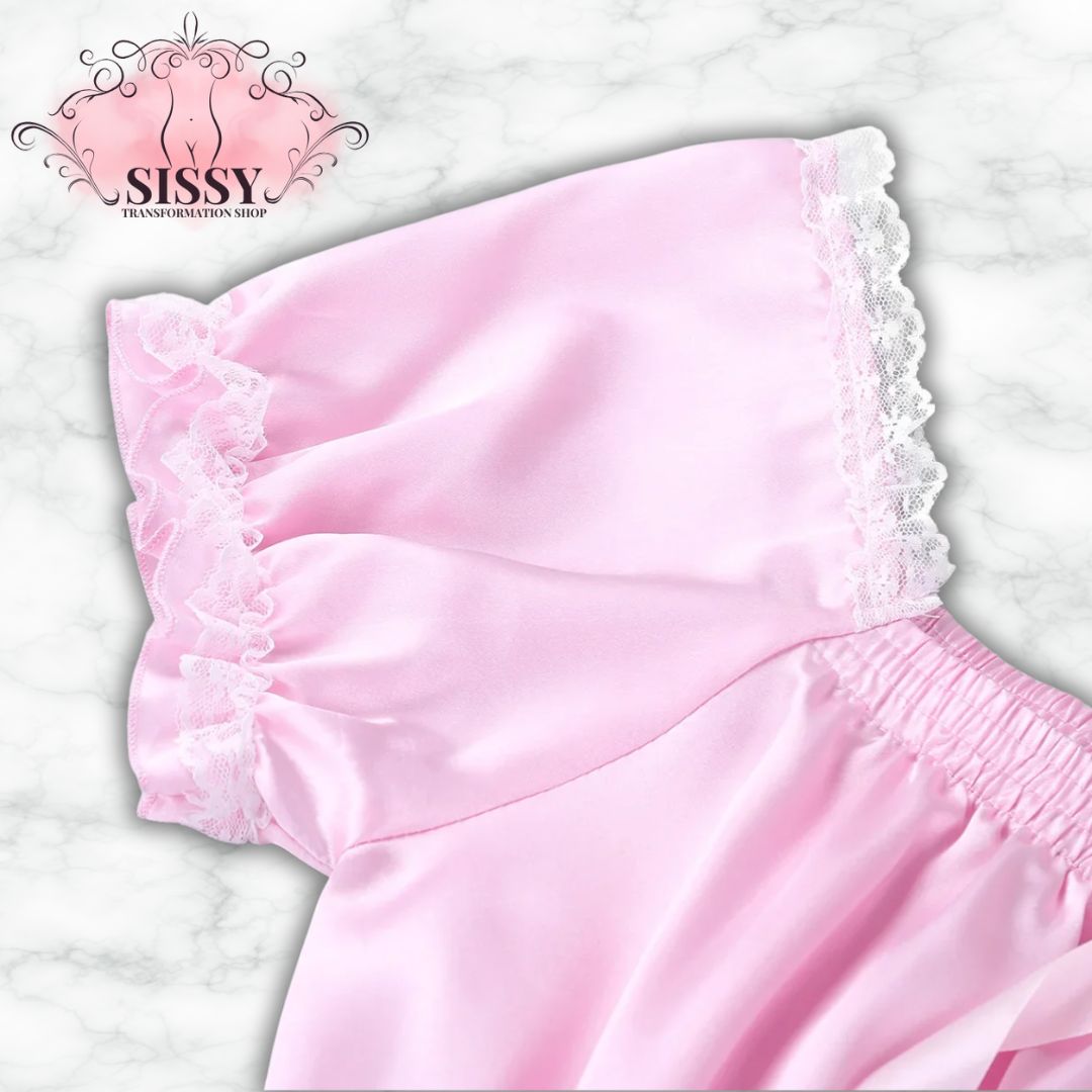 Mens Sissy Lingerie Dress Set Nightwear Short Sleeve Square Neckline Shiny Soft Satin High Low Design Crossdress Sash Underwear