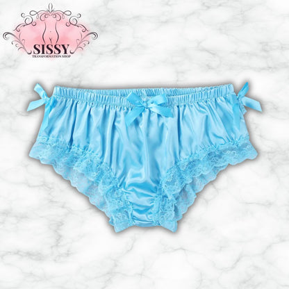 Mens Sissy Lingerie Briefs 2021 Ruffled Floral Lace Bowknot Knickers Underwear Gay Erotic Shiny Soft Satin Underpants Panties