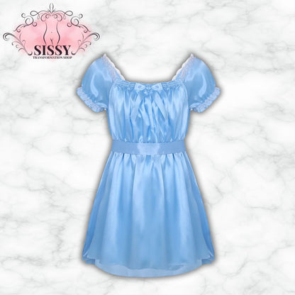 Mens Sissy Lingerie Dress Set Nightwear Short Sleeve Square Neckline Shiny Soft Satin High Low Design Crossdress Sash Underwear