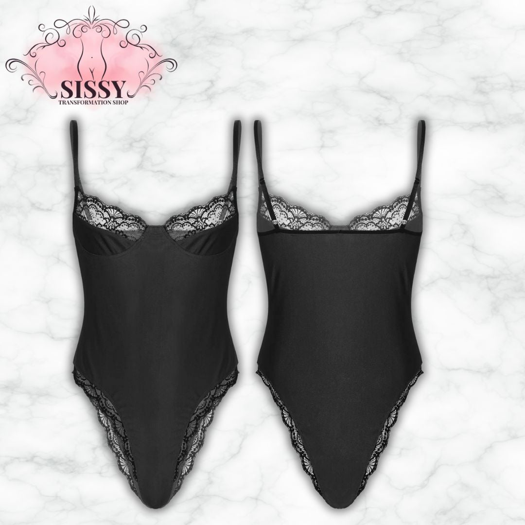 Mens Sexy Bodycon Bodysuit Spaghetti Strap Satin Lace Trimming One Piece Hommes Sissy Lingerie Male Gay Jockstraps One-piece