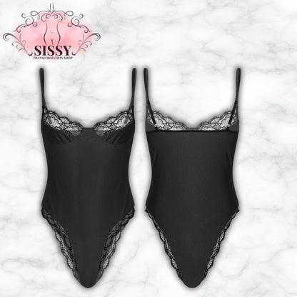 Mens Sexy Bodycon Bodysuit Spaghetti Strap Satin Lace Trimming One Piece Hommes Sissy Lingerie Male Gay Jockstraps One-piece