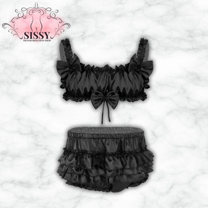Ensemble juponné féminisation noir en satin avec volants et nœud pour transformation féminine