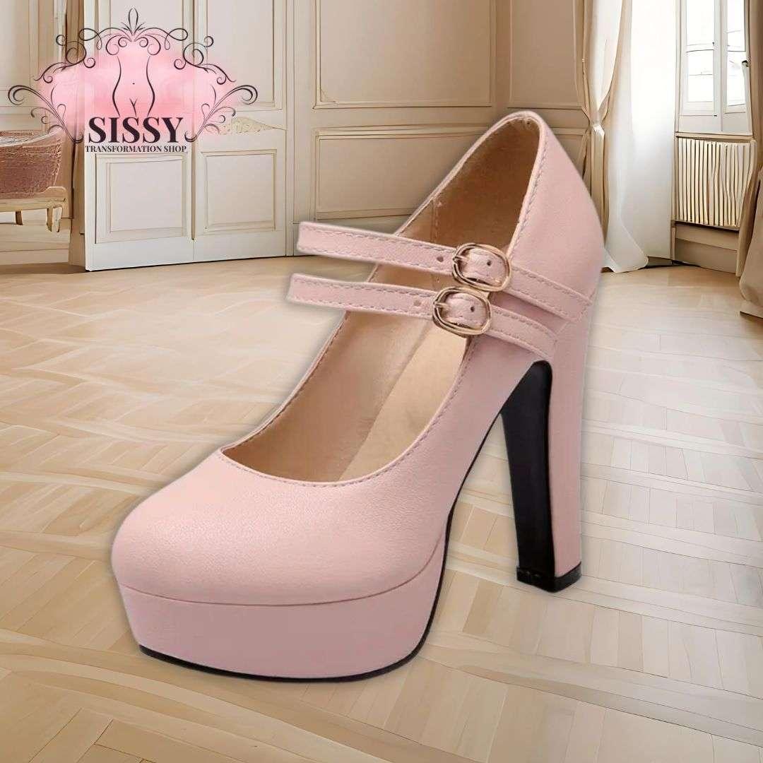 Escarpins à Talon Sissy rose poudré avec double bride et talon haut carré noir
