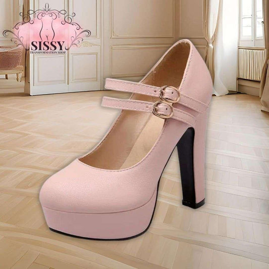 Escarpins à Talon Sissy rose poudré avec double bride et talon haut carré noir