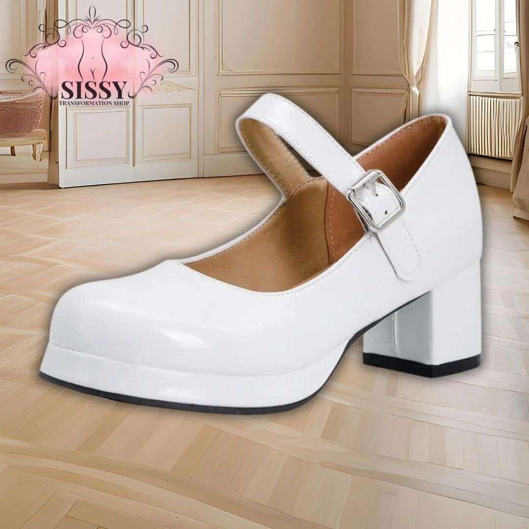 Chaussure Mary Janes à Talon blanche à bride avec boucle en métal pour un style élégant
