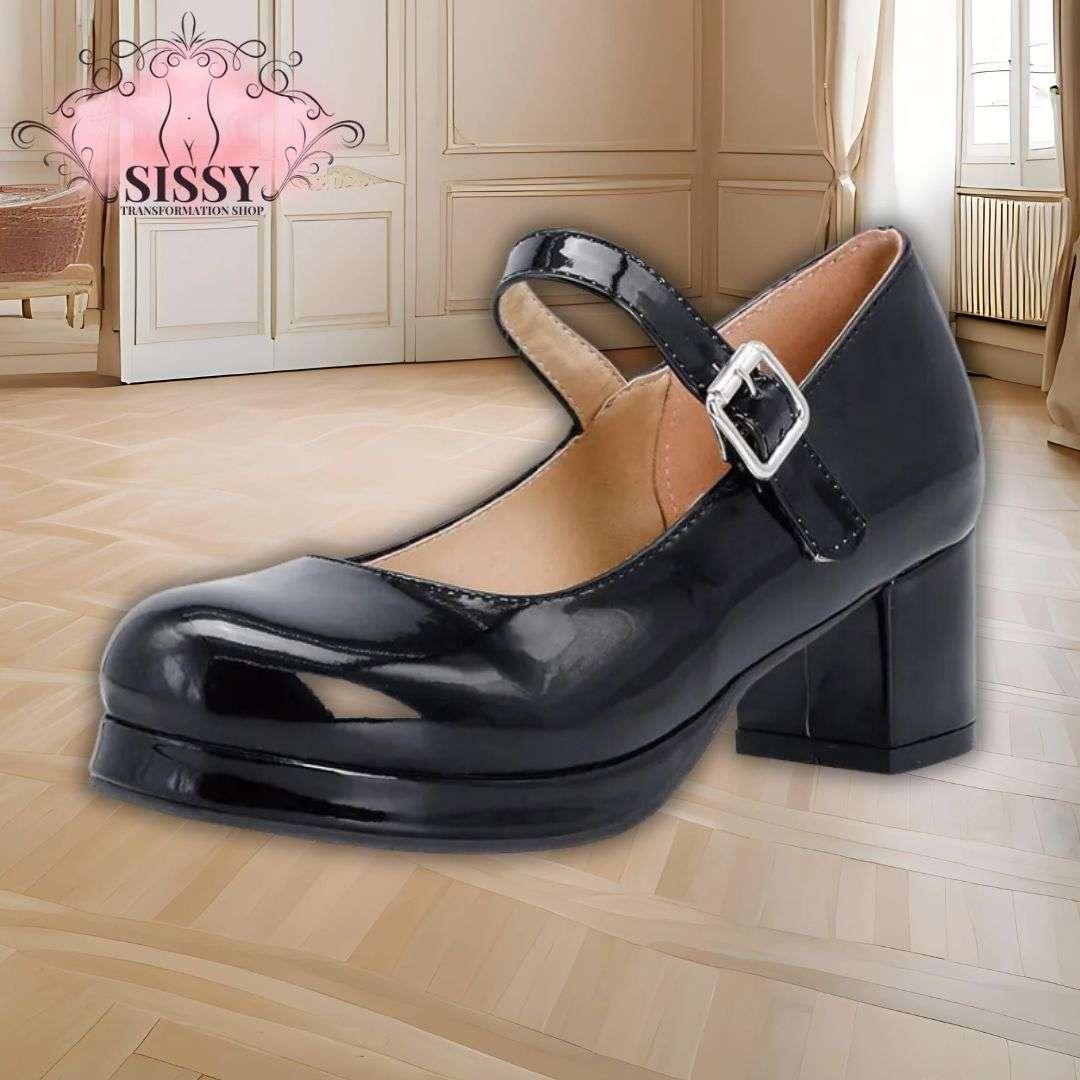 Mary Janes à Talon noir brillant avec boucle argentée de Sissy Transformation Shop